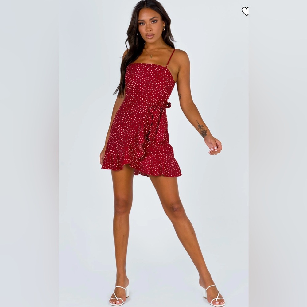 Princess Polly Caesura Wine Red Polka Dot Wrap Mini Dress